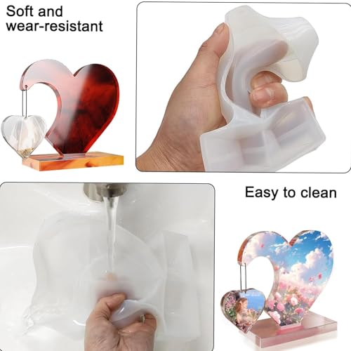 Image of 12PCS Resin Art Mould, Resin Art Kit with Moulds, Romantic Double Heart Mold with Base and Colored Bead Chain DIY Moulds Perfect for Wedding Anniversaries and Home Decor