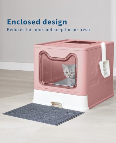 Image of Medario Cat Litter Box with Litter Mat and Scoop, Large Covered Litter Box with Lid, Enclosed Kitty Box, Front Entry Top Exit, Odor Control, Easy to Clean (Pink)
