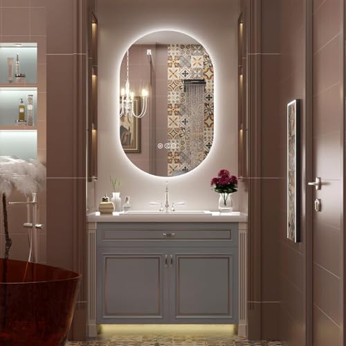 Image of ALFA Design Oval Backlit LED Bathroom Mirror, Pill-Shaped Lighted Vanity Mirror with Lights for Wall, Dimmable, 3 Colors Lighting, Memory Function (Horizontal /Vertical) Oval Backlite 24 x 18 inch
