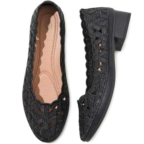 Image of HEAWISH Women's Women's Flats Shoes Ballet Flats for Women,Black Flats Floral Dress Shoes with Heel,Pu Leather Flats Shoes Women Dressy Comfortable Slip on Loafer