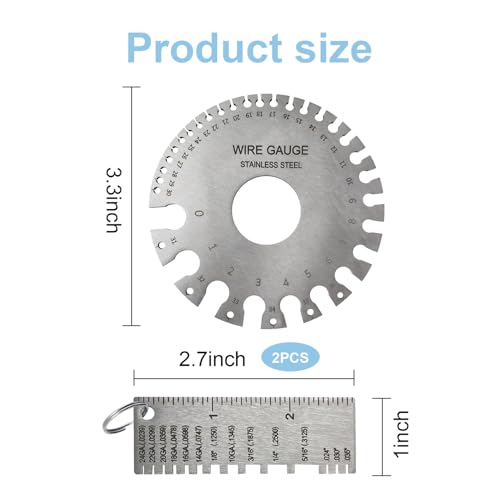 3pcs Stainless Steel Wire Metal Sheet Thickness Gauge - Metal Welding Gage Plated Size Inspection Tool+ Round Dual-Sided Wire Cable Sheet Gage Standard Thickness Metal Gauge AWG and SAE