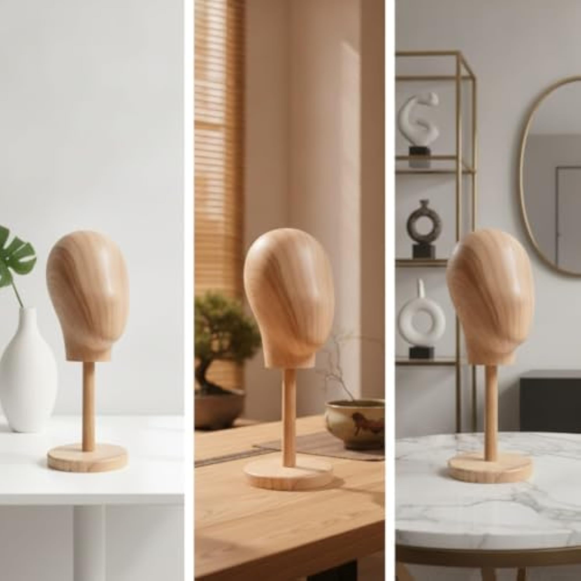 Wood-Grain Head with Wooden Base, Hairpiece Display Stand