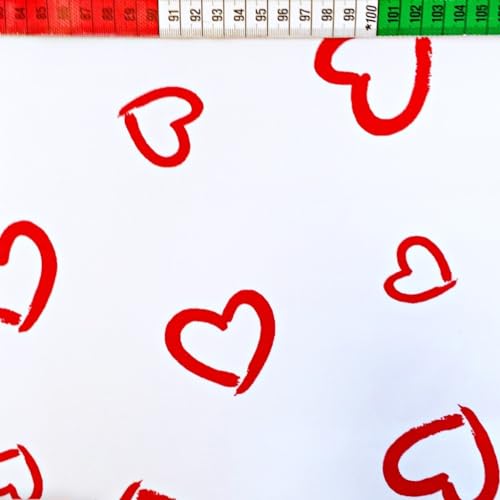 Textrend, tela de algodón, tela para coser, 100% algodón, corazones, tela textil 1x1,6m, tela por metro, patchwork (Contorno de corazones en rojo sobre fondo blanco)
