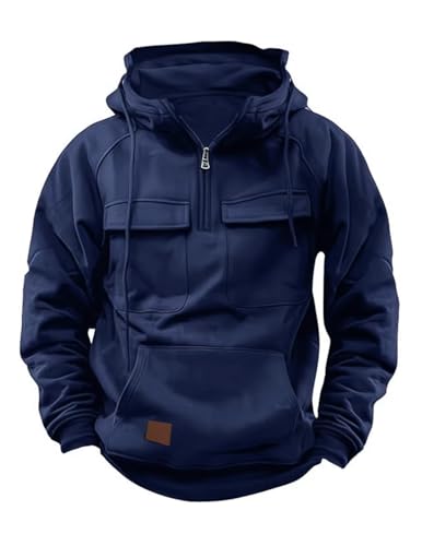 Volemo Sweat a Capuche Homme Zippé Cargo Hoodie Coton Sweatshirt Manches Longues Rétro Pull avec Poche Bleu Marine XL