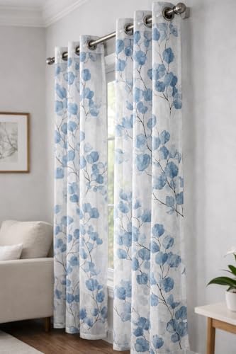 Image of THE LINEN COMPANY Cotton Sheer Printed Curtain for Window Bedroom and Living Roonm Home dcor Set of 2 (05 Feet,Soft Blue Leaf)