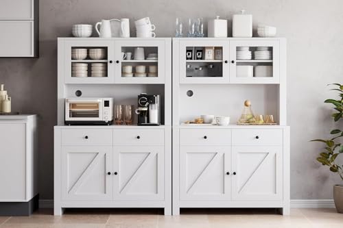 GarveeHome Kitchen Pantry Cabinet with Microwave Stand, Freestanding Hutch Cabinet with Buffet Cupboard, Tall Kitchen Cabinets with Adjustable Shelves for Dining Room, White