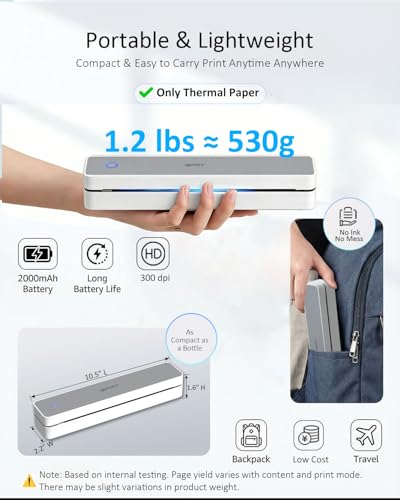 Image of Inkless Portable Printer for Travel, Wireless Thermal Printer Supports 8.5 x 11 inch US Letter, A4, MT610Pro 300DPI Small Bluetooth Printers Compatible with iOS Android Laptop for Home Office Car, Grey