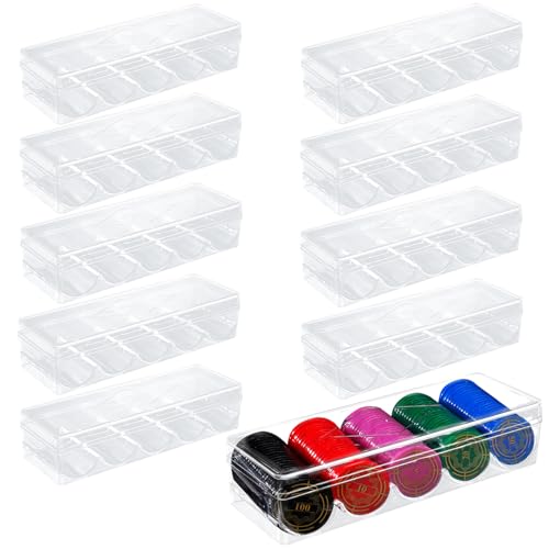 Acrux7 10 Pack Poker Chip Holder with Lids, Clear Acrylic Poker Chip Tray Racks Case with Cover for Standard Chips, Each Hold 100 Chips