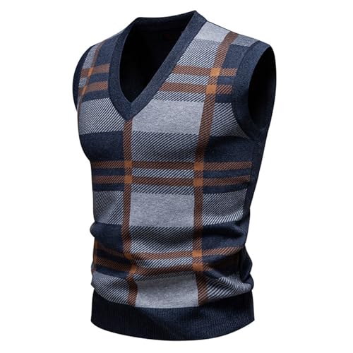 Mens Sweater Vests V Neck Vintage Plaid Print Lightweight Sleeveless Pullover Knit Tank Tops Casual Stylish