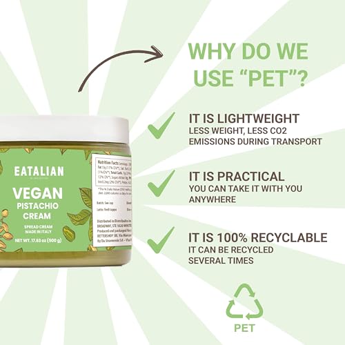 Image of EATALIAN by AMZ BETTER Vegan Pistachio Cream, 17.63 oz / 500 gr, Delicious vegan spread with a uniquely sweet taste, Ideal on bread, Perfect with ice cream, Excellent for Dubai Chocolate, Made in Italy