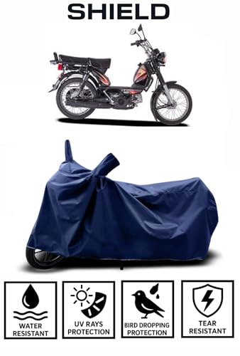 Image of Shield Heavy Duty Bike Cover for Tvs XL 100 | All-Season, Tear-Proof Fabric | with Side Mirror Pocket & Buckle Belt | Tvs XL 100 Bike Cover (Blue)