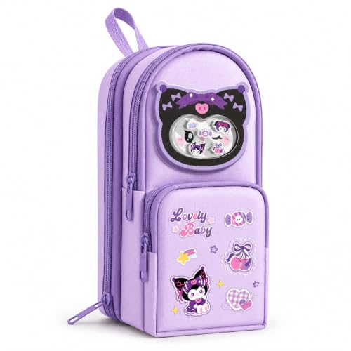 Image of Parshya Cute Kawaii Pencil Pouch for Girls Aesthetic, Canvas Pencil Case with 6 Layers & 12 Pockets, Cartoon Pencil Box for Kids, School Stationery Organizer Pouch for Girls & Boys (Purple)