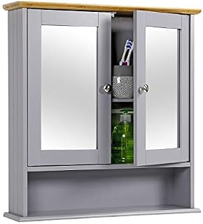 Taylor & Brown Grey & Bamboo Mirrored Bathroom Cabinet Wall Mounted, Wooden Bathroom Mirror Storage Unit with Shelf