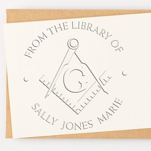 Customized Name Inscription Embossing Stamp, Personalized Library Embosser with Pink or Black Handle, Hybrid Ancient Masons Design, Round Imprint - Ideal for Masonic Gift Shop Owners