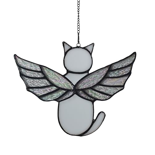 Velasyart Angel Rainbow Wing Memorial Gifts - Stained Glass Cat Suncatcher, Loss of Cat Sympathy Gift (White)