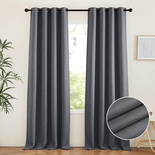PONY DANCE Blackout Curtains for Living Room Boho Saving Energy Linen Curtains with Bronze Eyelet