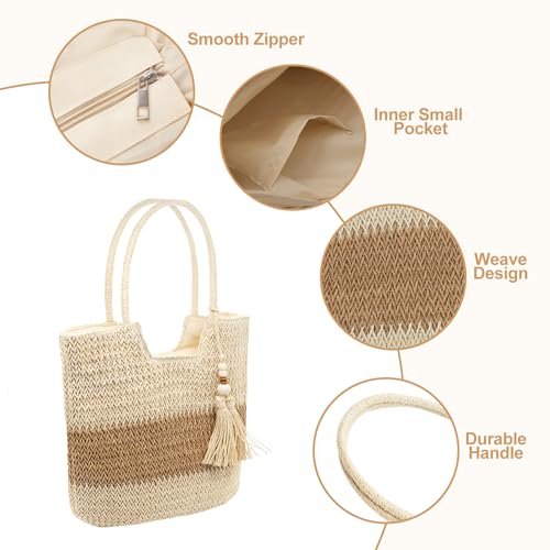 Long Keeper Beach Bags for Women Summer Straw Bag with Zipper Woven Shoulder Handbag Beach Tote Bags for Travel Vacation4