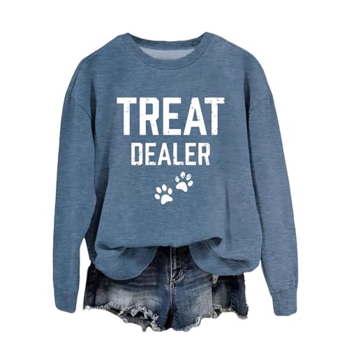 MUYLANTEZ Treat Dealer Sweatshirt Women Dog Paw Print Graphic Shirt Funny Humor Dog Mom Shirt Long Sleeve Crewneck Tops Blue