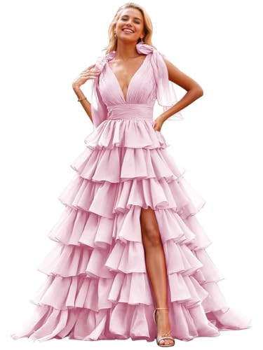 Image of TORYEMY Tiered Tulle Prom Dress Long Ball Gown Deep V Neck Formal Evening Dresses with Slit Ruched for Women