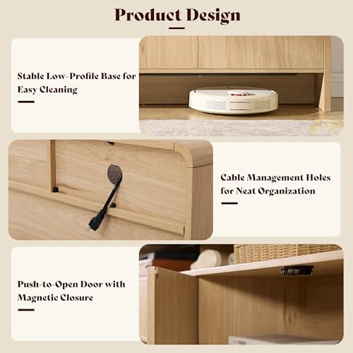 Image of AMERLIFE 70 inch Modern TV Stand for TVs Up to 80 inch, Wood TV Console with Curved Profile Design & 2 Storage Cabinets, Media Console Entertainment Center for Living Room, Natural Oak