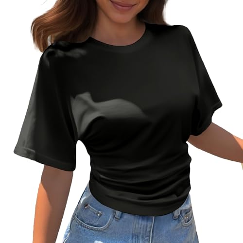 Women Korean Design Sense Round Neck Sleeve Short Sleeve T Shirt Women's New Summer All Matching (Black #2, XXL)