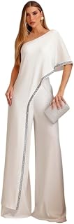 YSOBEL Women’S Banana Creap Jumpsuit in White | One Shoulder with Silver Sequin Trim | Wide Leg & Short Sleeve Elegant Eve... Price In India