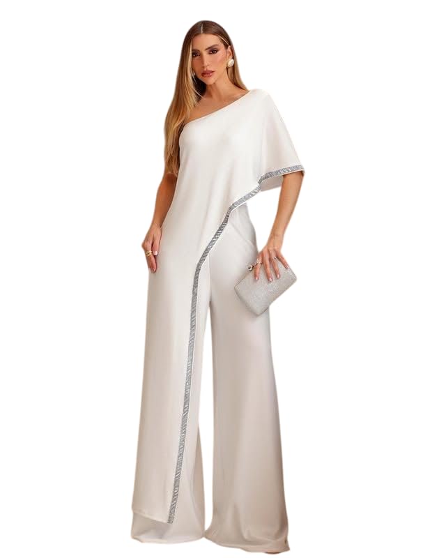 YSOBEL Women’S Banana Creap Jumpsuit in White | One Shoulder with Silver Sequin Trim | Wide Leg & Short Sleeve Elegant Eve... - Review, Price and Buying Guide