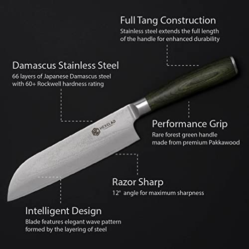 Hexclad 2 Piece Knife Set - 7 Inch Santoku Knife And 8 Inch Bread Knife, Japanese Damascus Stainless Steel, Fine Edge, Non Serrated, Forged 60 Rockwell Rating, Forest Green Pakkawood Handles #TOP3