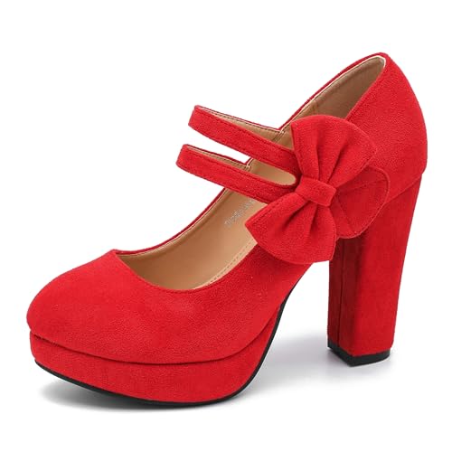 Image of MAIERNISI JESSI Women's Platform Mary Jane Pumps with Bow, 3.94 Inch Block Heel Dress Shoes