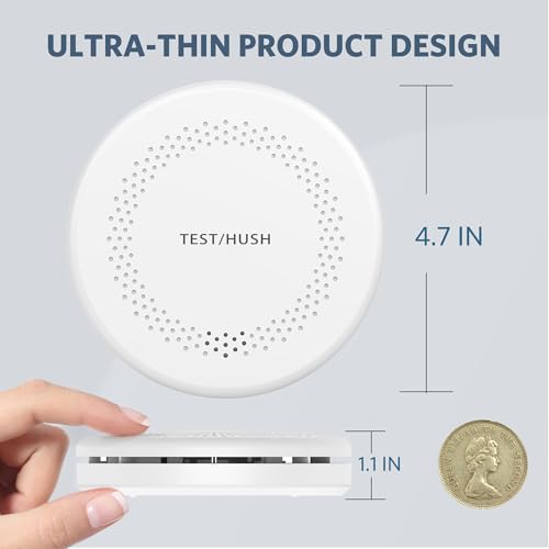 Image of Smoke Detector Carbon Monoxide Detector Combo 10 Year Battery, HATHEPHS Slim Smoke Alarm CO Detector with Large Test /Silence Button, Adhesive & Screws Included