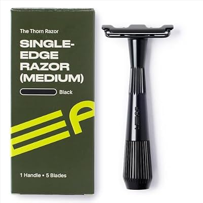Leaf Thorn Razor by Leaf Shave, All-Metal Single Blade Razor for Men and Women, Fixed Head with Magnetic Load Assist, Includes 5 Stainless Steel Blades - Face Shaving and Coarser Hair - Black