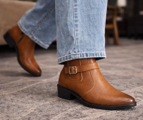Image of Kraasa Men's Synthetic Leather Ankle Boots with Side Buckle Strap, Elastic Panel & Durable TPR Sole Casual & Formal Wear Boot