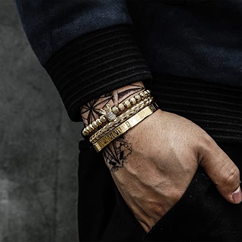 Funeia 3Pcs Cuff Bangle Bracelet For Men Stainless Steel Roman Numeral Charm Cuff Bangle Sets Hip Hop Jewelry (B:gold) #TOP2