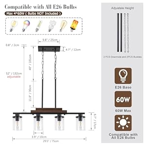 Pendant Lights Kitchen Island, 4-Light Farmhouse Chandeliers for Dining Room, Black Linear Chandelier with Clear Glass Shades, Modern Rustic Wood Chandelier with Adjustable Height Pendant Lights Kitchen Island 4 Light Farmhouse Chandeliers for Dining Room Black Linear Chandelier with Clear Glass Shades Modern Rustic Wood Chandelier with Adjustable Height
