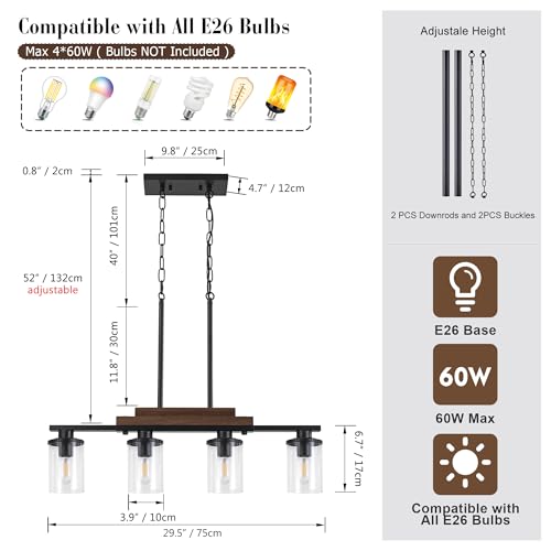 Pendant-Lights-Kitchen-Island-4-Light-Farmhouse-Chandeliers-for-Dining-Room-Black-Linear-Chandelier-with-Clear-Glass-Shades-Modern-Rustic-Wood-Chandelier-with-Adjustable-Height Pendant Lights Kitchen Island 4 Light Farmhouse Chandeliers for Dining Room Black Linear Chandelier with Clear Glass Shades Modern Rustic Wood Chandelier with Adjustable Height