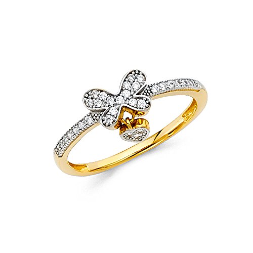 Butterfly Heart Charm Ring Solid 14k Yellow Gold Love Band CZ Promise Ring Dangle Style Fancy - Main Image