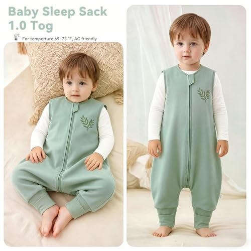 Image of Chilsuessy Toddler Sleep Sack with Feet 2-3 T, 0.5 TOG Cotton Baby Wearable Blanket with Legs, Sleep Bag Walker with 2-Way Zipper, Dark Green