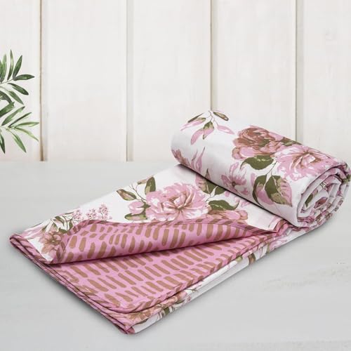 HUESLAND 100% Cotton Reversible Single Dohar Cotton | Soft Cambric Weave, All Weather Light Comforter AC Dohar | 56 x 89 inches, Blushing Blooms - White, Pink & Green