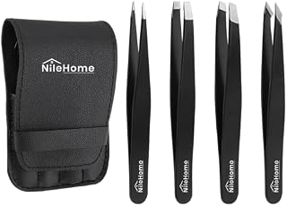 NileHome Tweezers, Eyebrow Tweezers for Women 4 in 1 Stainless Steel Tweezers Precision with Case Professional Eyelash Tweezers Set for Men Hair Removal Kit