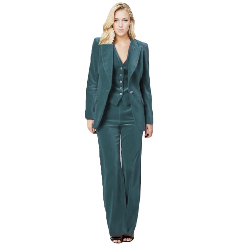 Botong Women's Dusty Blue 3 Piece Velvet Suit Office Business Trouser-Suit One Button Peak Lapel Blazer Vest Pant Set
