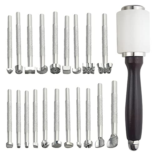 TOVOT 21PCS Saddle Making Tools Kit Leather Stamping Tool Kit Leather Craft Carving Tools Modelling Tool Hammer for DIY Leather Craft Working TOVOT 21PCS Saddle Making Tools Kit Leather Stamping Tool Kit Leather Craft Carving Tools Modelling Tool Hammer for DIY Leather Craft Working