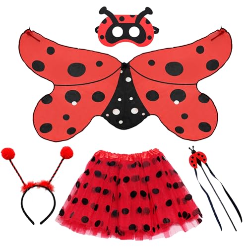 Xerteam Costume de coccinelle pour fille, ensemble d'accessoires de costume d'insecte, déguisement pour filles avec tutu, ailes de coccinelle, baguette magique, masque, antenne, bandeau, costume