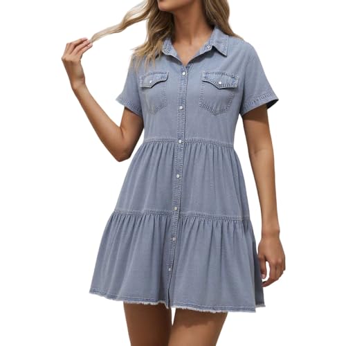 Vestido vaquero para mujer con tira de botones, vestido de camisa, cuello de camisa, vestido de verano, bolsillos en el pecho, vestido casual, minivestido de líneas A, vestido de escalones, dobladillo