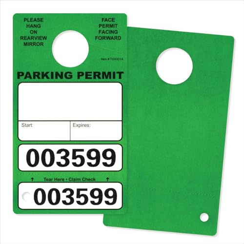 500 Green Parking Permit Hang Tags for Car Rear View Mirror, with Vehicle Claim Check. Parking Pass with Perforated Cardstock Key Tag. Printed in Black with Bold Black Numbers on Durable Card Stock