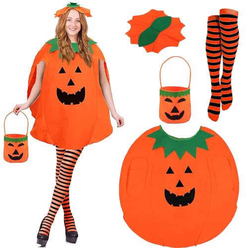 ADAKEL 4 Pieces Halloween Pumpkin Costume for Adult,Pumpkin Outfits Cosplay with Pumpkins Hat, Pumpkin Bags and Thigh High Stockings for Halloween Cosplay