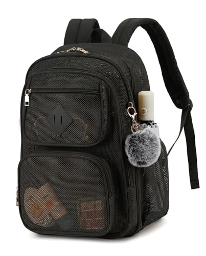 fufazfo Mesh Backpack, Heavy Duty Mesh Bookbag for Girls Boys Kids, Women See Through Transparent Net Back Pack for School Beach Swimming Work Travel - Black
