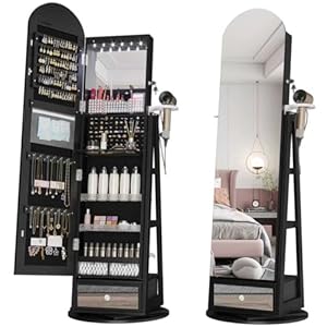LVSOMT LED Bogen Schmuckschrank mit Spiegel, 360° Drehbar Standspiegel mit Schmuckschränke, Abschließbar Schmuckspiegelschrank mit Beleuchtung, Schmuckschrank Stehend Holz mit Stufiges Regal, Schwarz