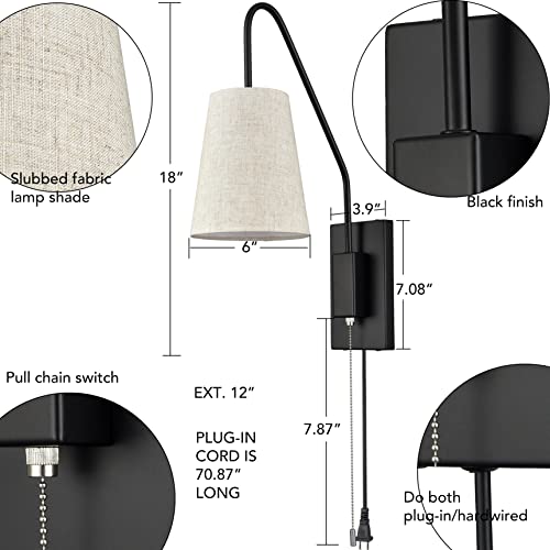 Jeenkae Modern Farmhouse Plug-In Wall Sconces Set Of Two Wall Lamps For Bedroom With Pull Chain Switch Slubbed Fabric Shade, Black #TOP4