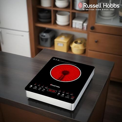 Image of Russell Hobbs 2000W Infrared Cooker with Digital Touch Control | LED Power Display, 8 Heat Levels up to 600C | 24-Hour Preset Timer & Safe Crystal Glass Surface, Overheat Protection | RAPIDO2000