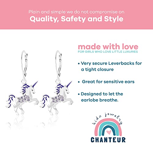 Kids Hoop Earrings, Cute Purple Unicorn Earrings For Girls, Hypoallergenic White Gold Toned Jewelry With 925 Silver Leverbacks, Earrings With Colorful Crystals, Small Earring With Hoops For Kids #TOP4